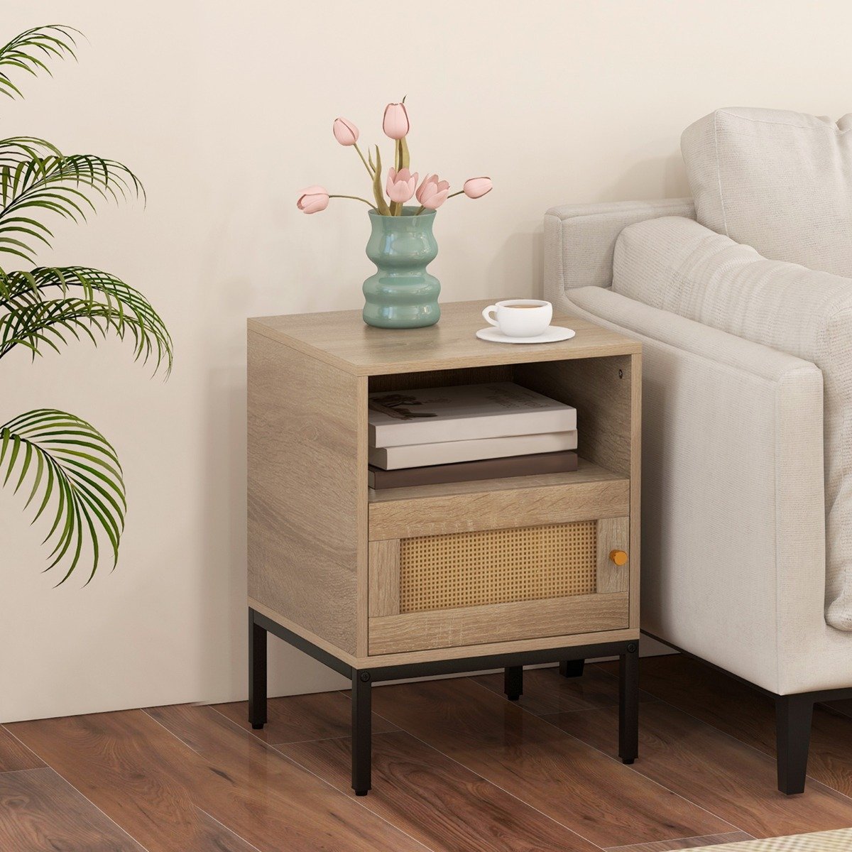 Nachttisch Rattan Nachtschrank mit offenem Regal und Schrank 40 x 40 x 57 cm Natur