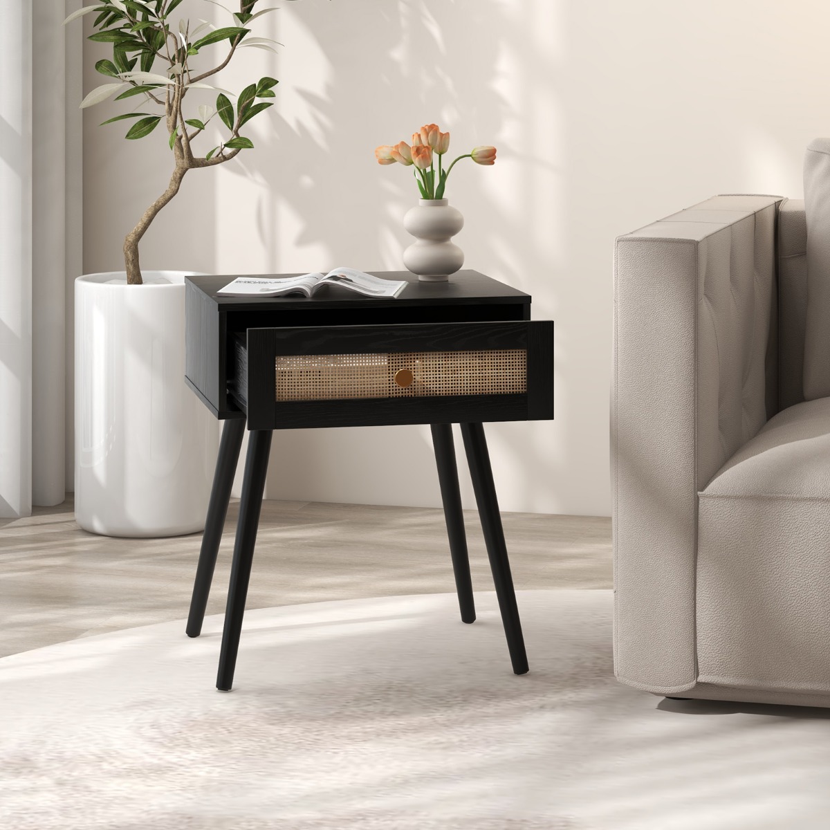 Nachttisch Rattan Nachtschrank mit Schublade und Massivholzbeine 48 x 40 x 58 cm Schwarz