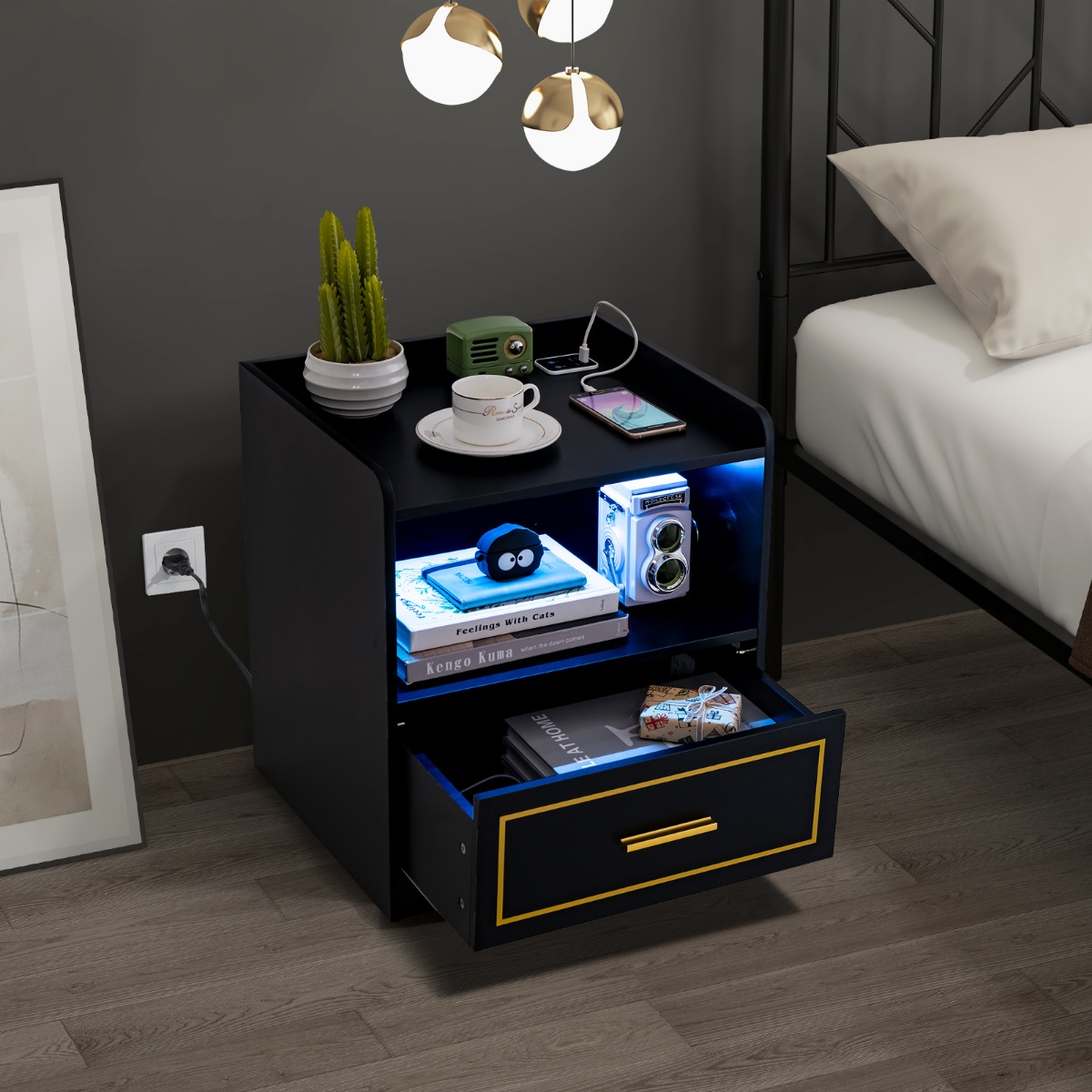 Nachttisch mit LED Licht USB-Anschluss und Typ-C-Ladestation Nachtschrank mit Bewegungssensor Schwarz