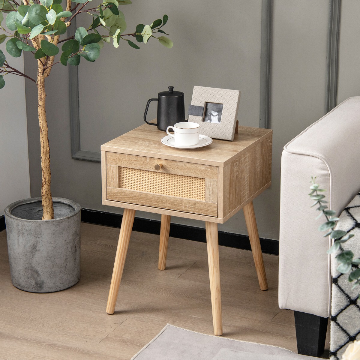 Nachttisch mit Schublade Beistelltisch mit Rattan-Design 40 x 40 x 55 cm Eiche