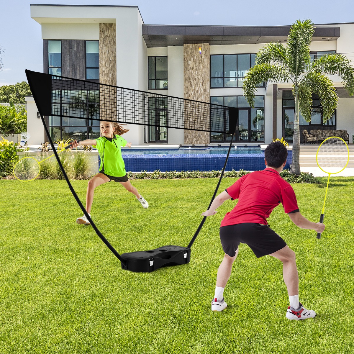 Badminton Netzständer tragbares Federballspiel mit Schlägern Komplett Badminton Set Schwarz