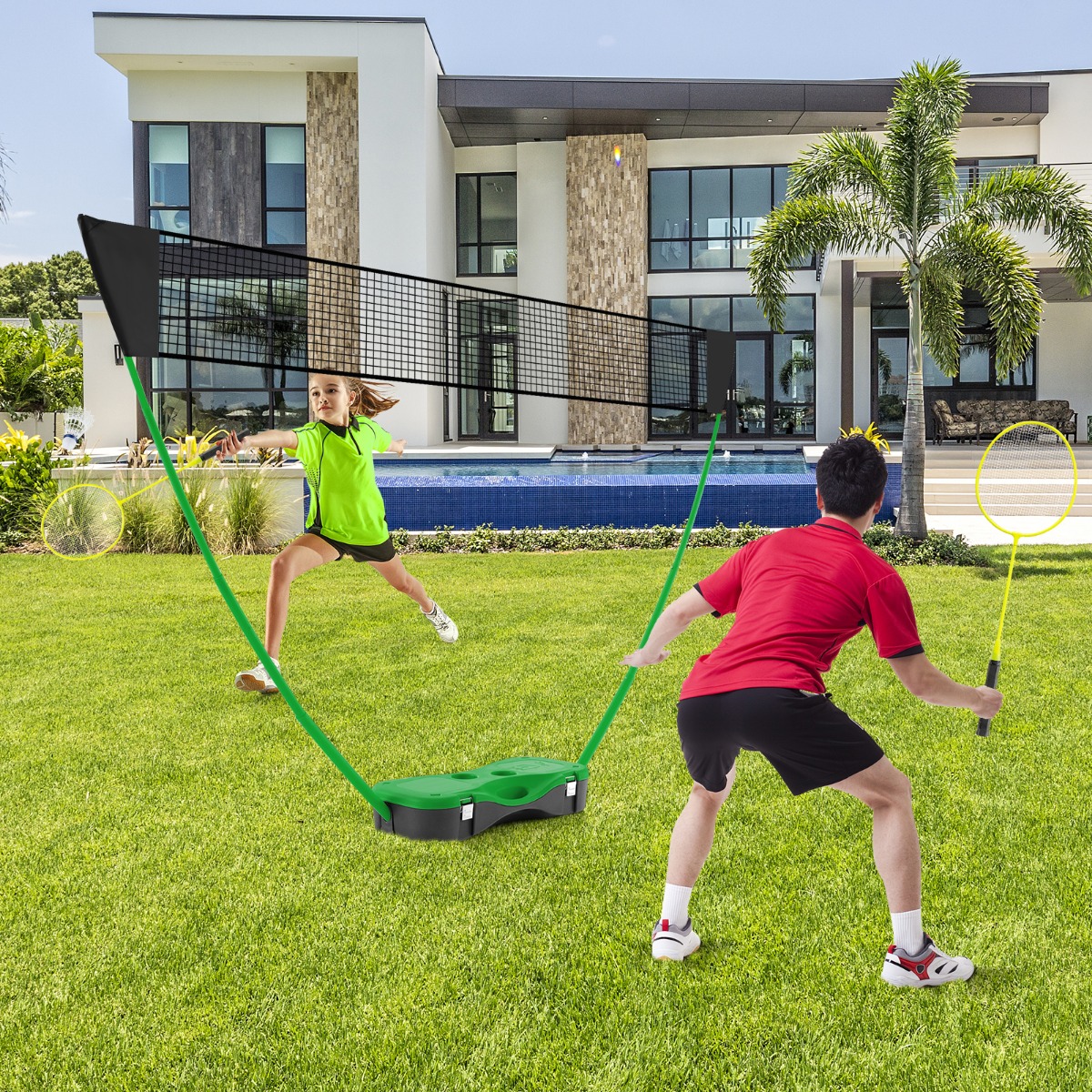 Badminton Netzständer tragbares Federballspiel mit Schlägern Komplett Badminton Set Grün