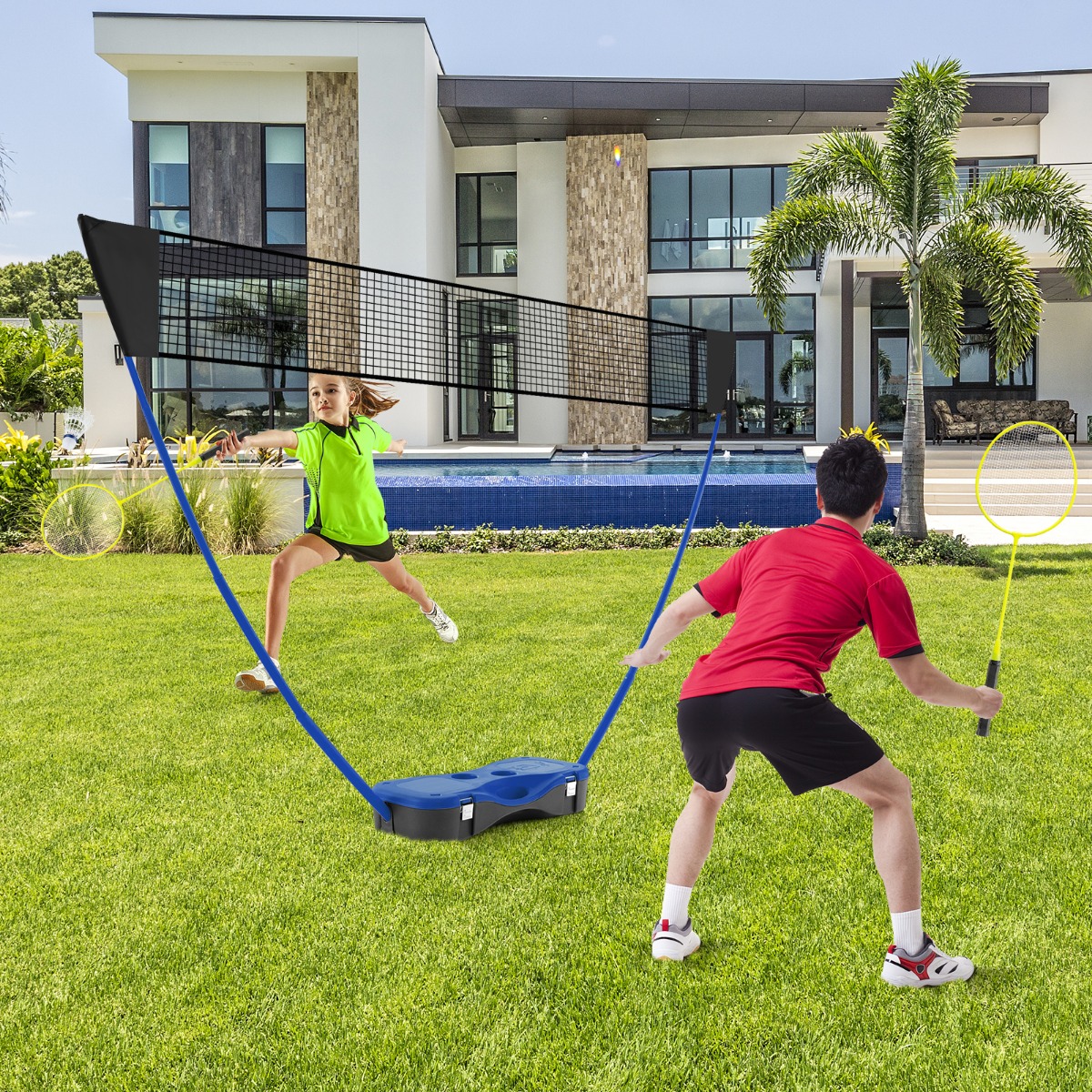 Badminton Netzständer tragbares Federballspiel mit Schlägern Komplett Badminton Set Blau