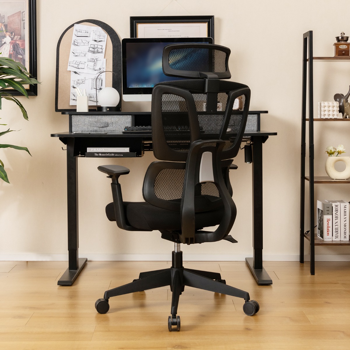 Ergonomischer Bürostuhl mit N-förmiger Lordosenstütze Drehbarer Schreibtischstuhl Schwarz