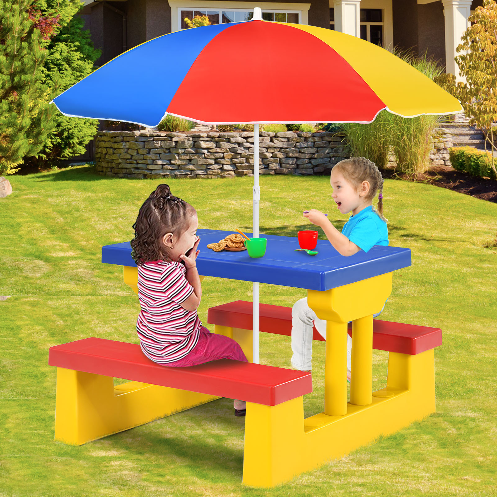 Kinder Sitzgruppe Kindertisch Picknickbank mit Sonnenschirm