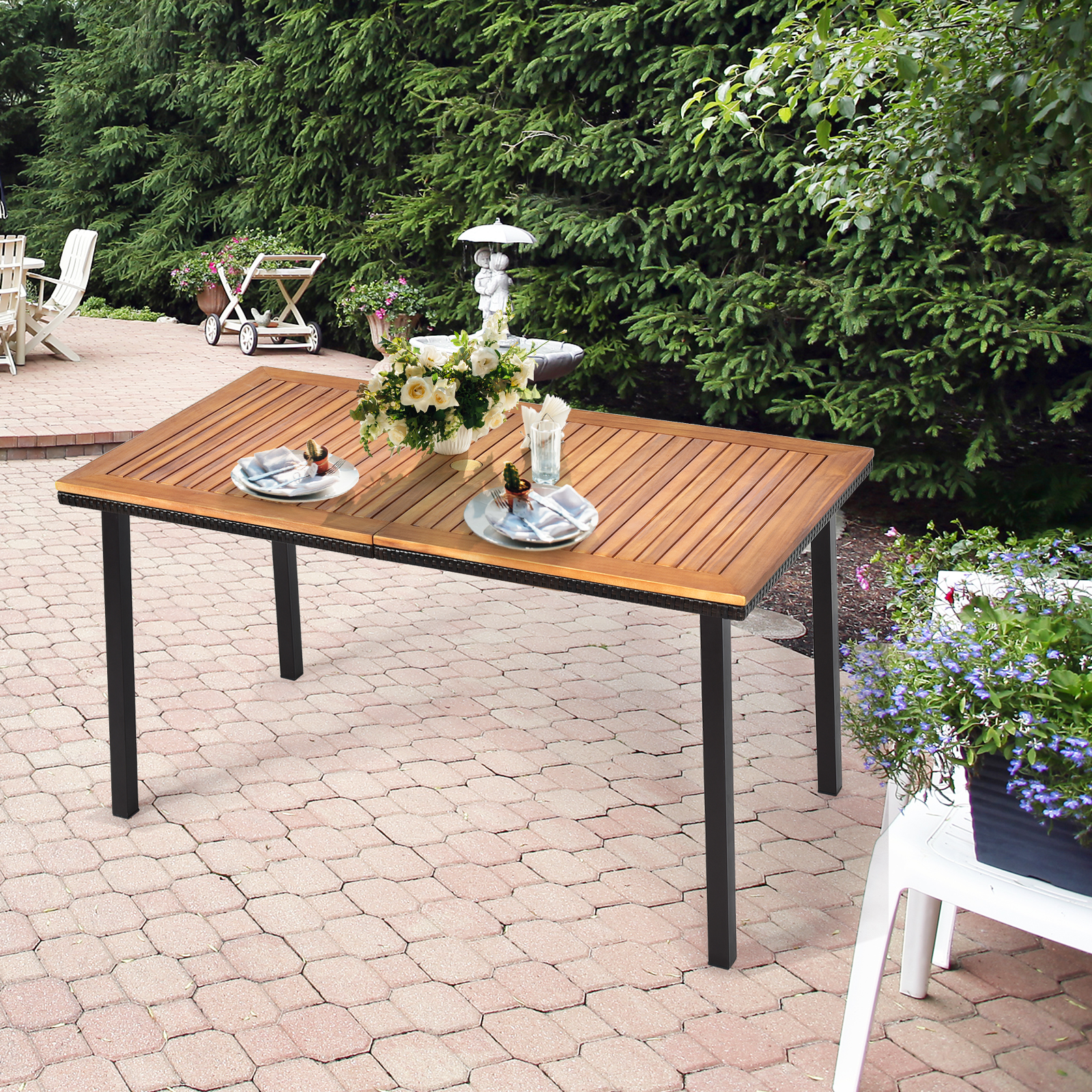 Gartentisch Esstisch mit Schirmloch Holztisch Terrassentisch Akazienholz 140 x 75 x 76 cm Natur