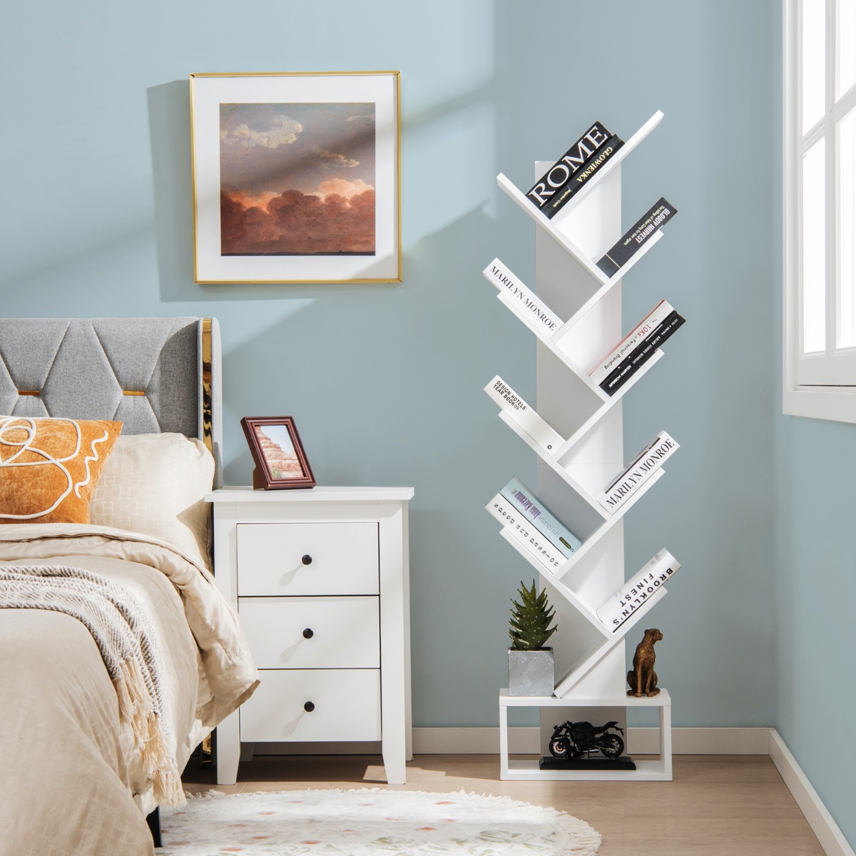 10-stöckiges Baum-Bücherregal mit Schublade Bodenstehendes Lagerregal Weiß