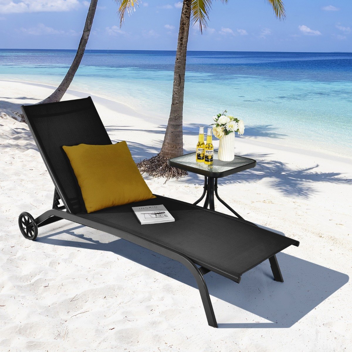 Verstellbare Outdoor-Liege mit Rädern und schnell trocknendem Stoff für Pool und Garten Schwarz
