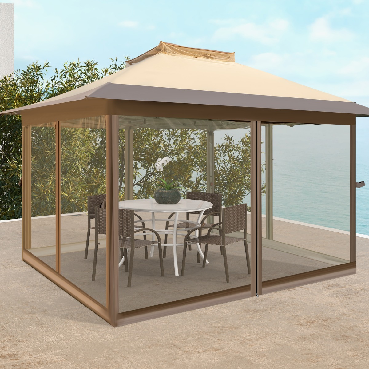 3,6 x 3,6 m Pavillon mit Moskitonetz und Doppeldach UV-Schutz 50+ Faltpavillon Khaki