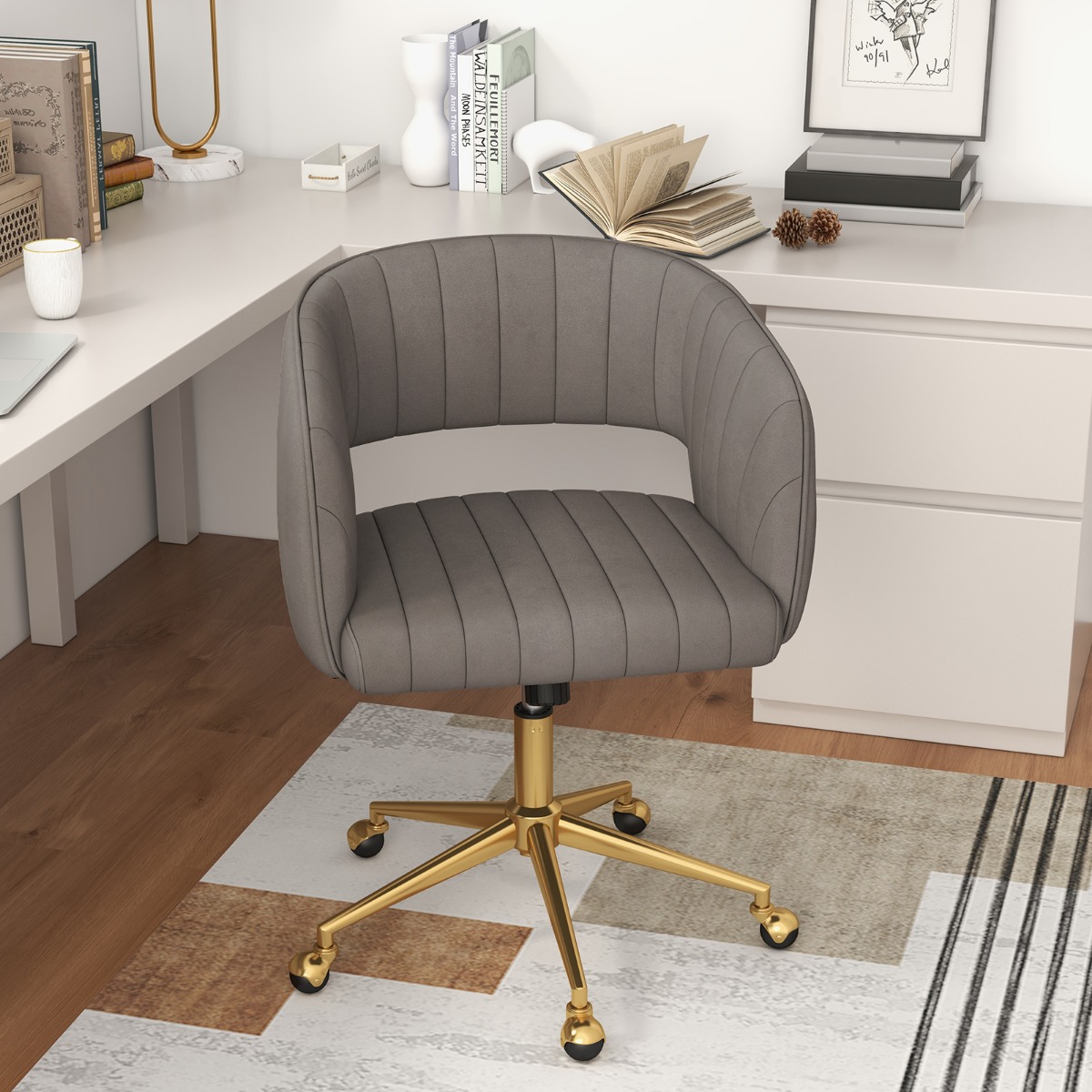 PC-Stuhl aus Samt moderner Drehstuhl mit gepolsterter Rückenlehne verstellbarer Rückenlehnenwinkel Sitzbreite 52cm Grau