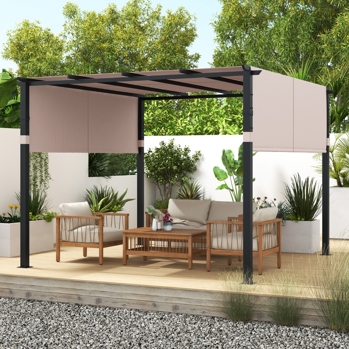 3,05x3,05m Pergola mit 2 Verstellbaren Dächern Wasserdichter Stabiler Winterfester Pavillon Beige