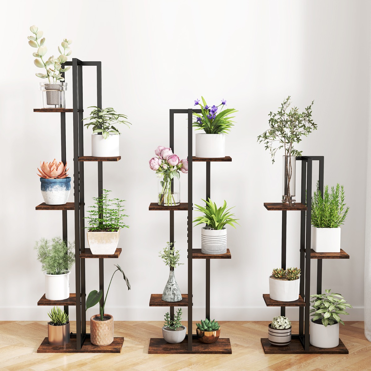 3er Pflanzenständer Set 4+5+6 Etagen Blumenständer aus Holz & Metall Blumenregal