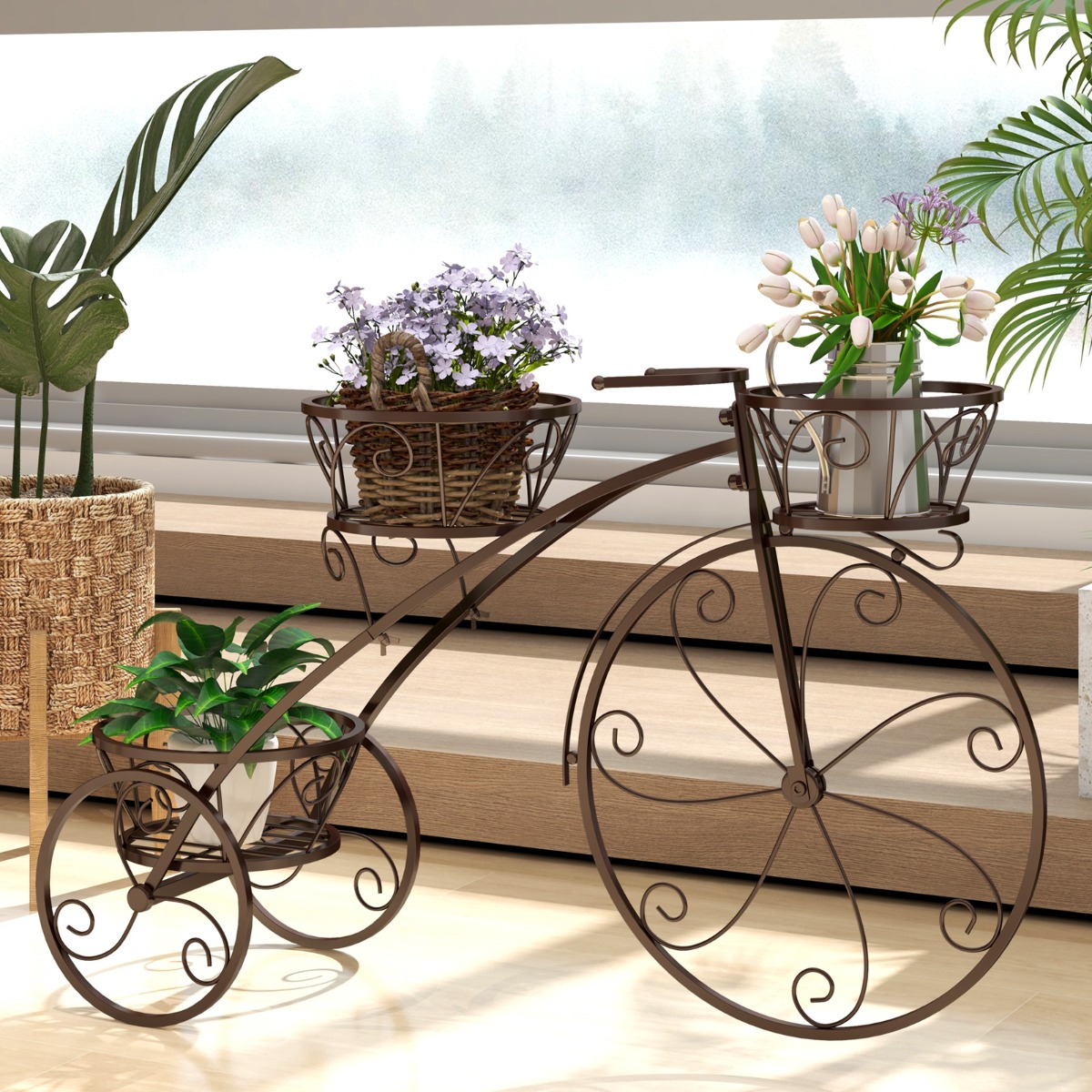 Metall Pflanzenständer mit Fahrrad-Design Blumenregal mit 3 Körben Blumenständer Pflanzenregal Bronze