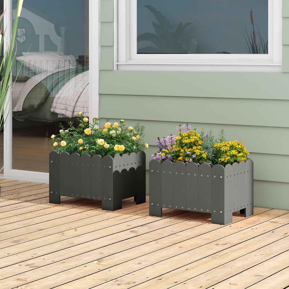 2er Pflanzkübel wetterfest Blumenkübel HDPE Garten Blumenkasten rechteckig 45 x 32 x 30 cm Grau