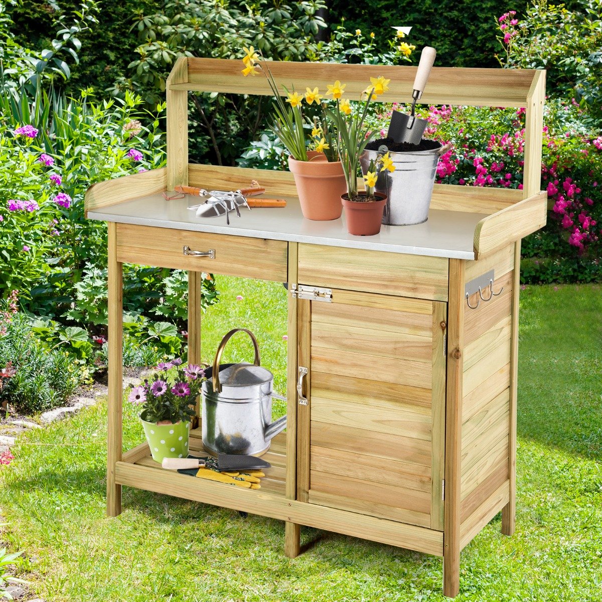Pflanztisch aus Tannenholz Garten-Pflanzbank mit Schrank offenem Regal und 3 hochwertigen Haken Natur
