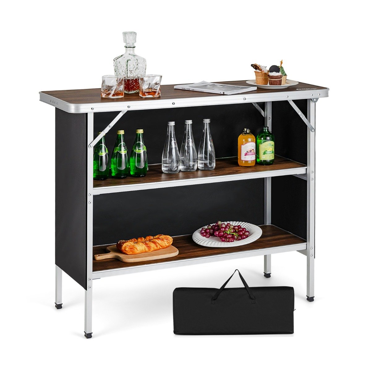 Klappbarer Campingtisch aus Aluminium mit 2-stöckigen Regalen Campingschrank Kaffe