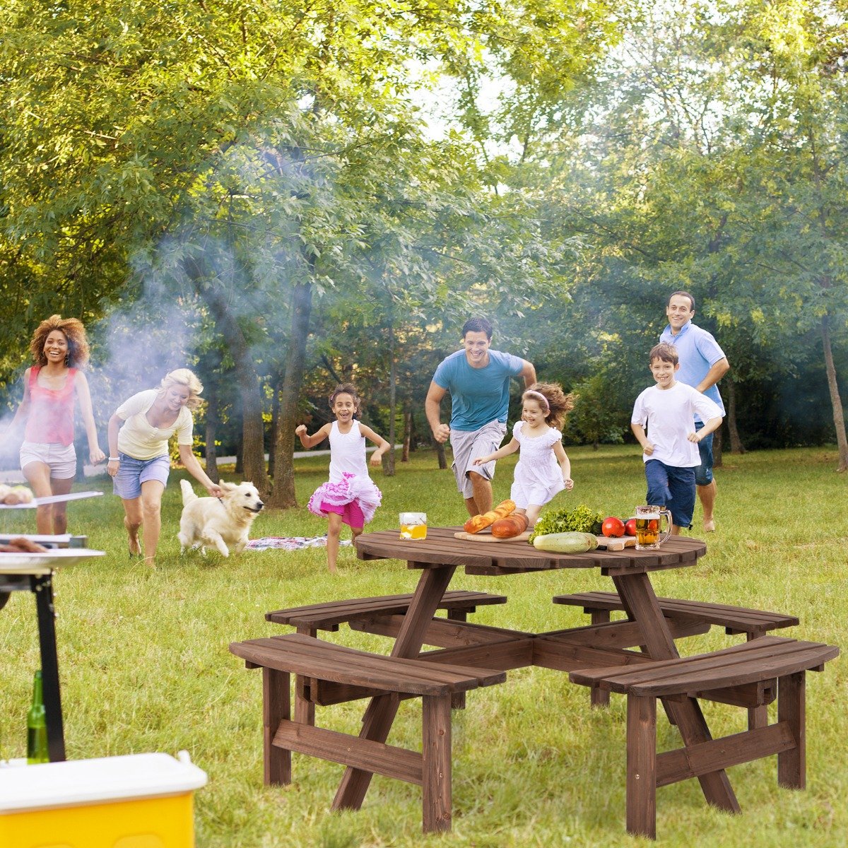 Picknicktisch-Set aus Holz für 8 Personen mit Schirmloch Braun