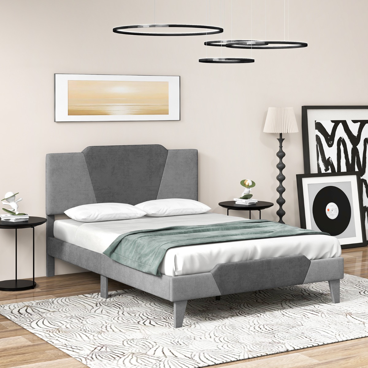 Gepolstertes Plattformbett in Doppelbettgröße Samt-Bettrahmen mit Kopfteil Bettgestell aus massiven Holzlatten 140 x 200 cm Grau