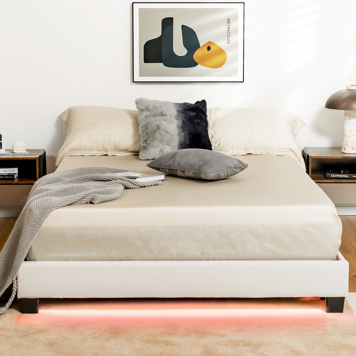 Polsterbett 140 x 200 cm Moderner Bettgestell mit 16 Fabigen LED Licht Weiß