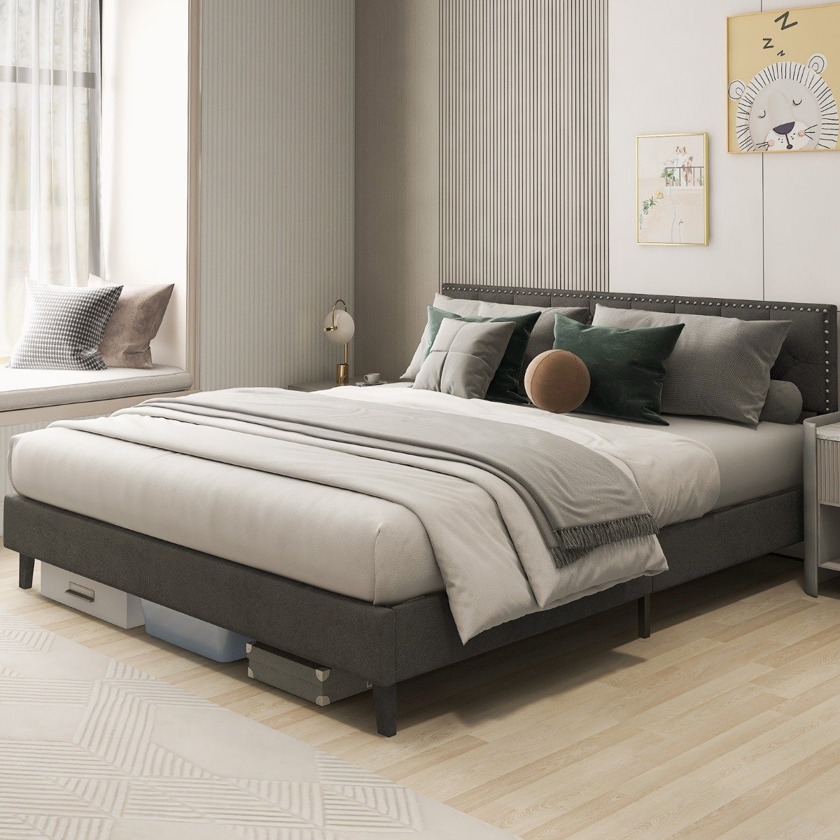 Polsterbett 200 x 180 cm Doppelbett mit Lattenrost & Kopfteil Gepolstertes Bettrahmen Grau Bettgestell bis 450 kg belastbar