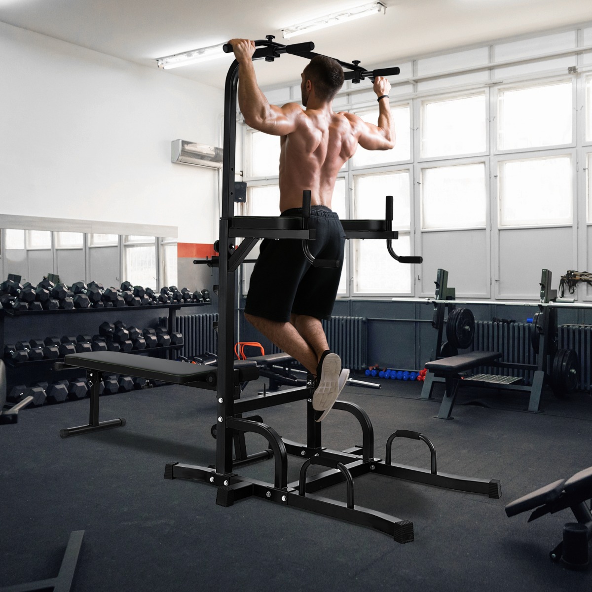 Multifunktionales Heim-Fitnessstudio Pull-up Bar Stand Dip Station mit 7 verstellbaren Höhen und klappbarer Gewichtsbank Fitnessgeräte