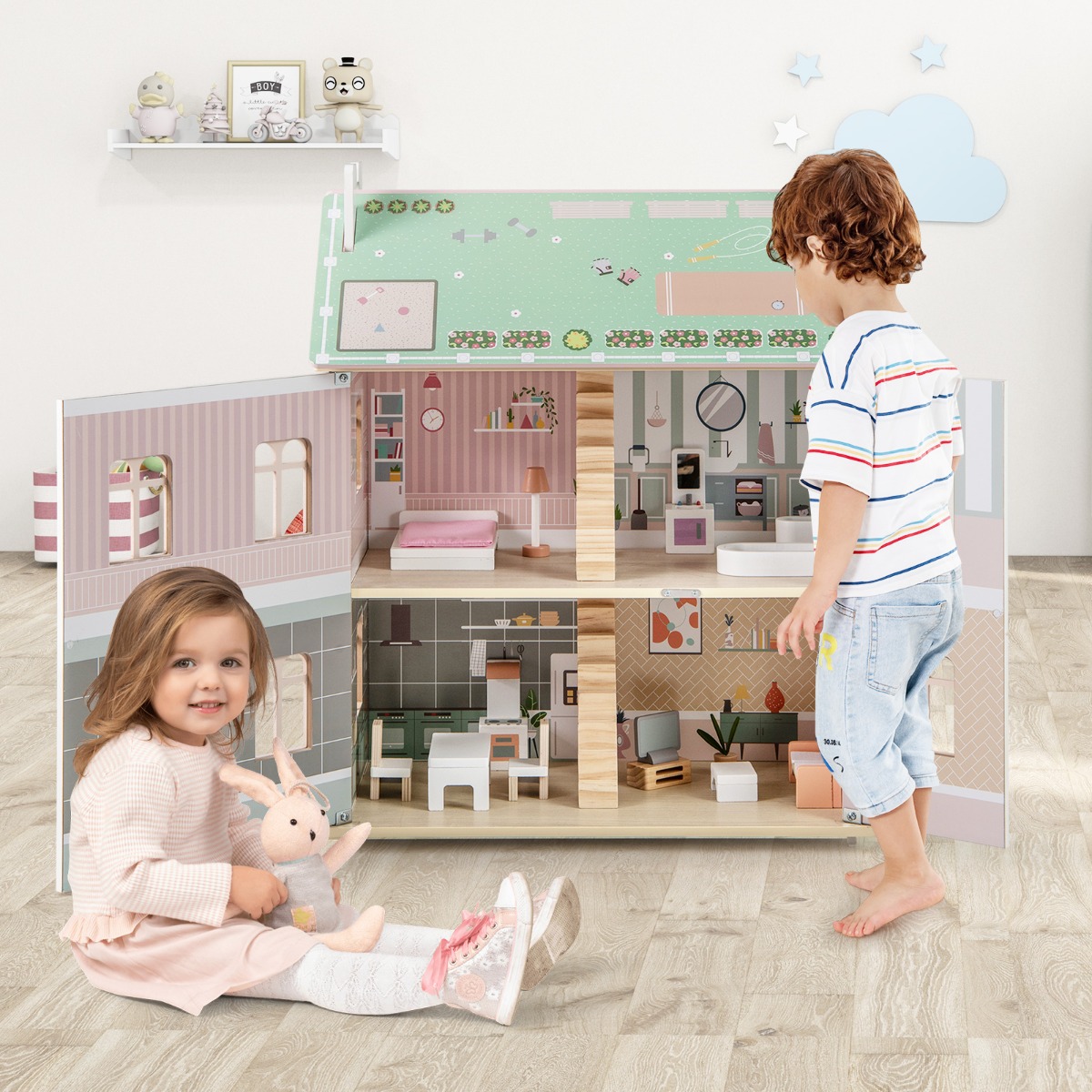 3 Etagen Holz Puppenhaus mit Doppelseitigen Dächern & zu Öffnenden Türen Puppenstube