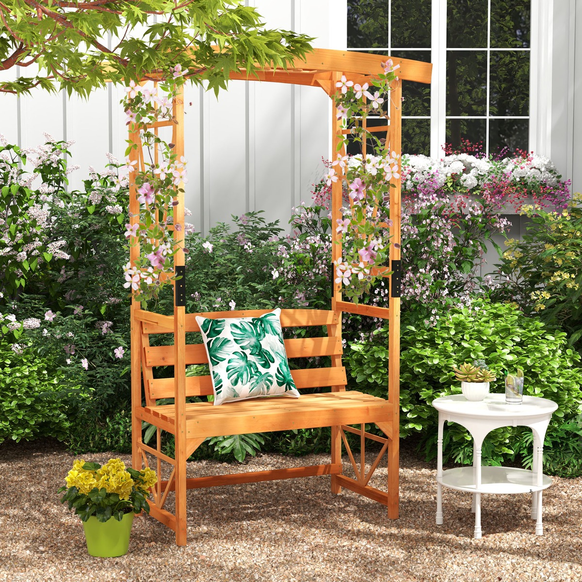 2-Sitzer Gartenbank mit Rankhilfe Rosenbogen Gartenbogen Torbogen für Kletterpflanzen