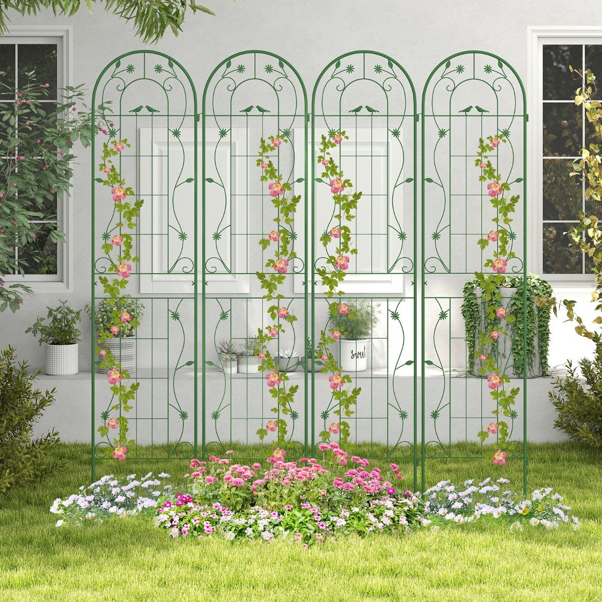 2er Set Metall Rankgitter zum Stecken Dekorativer Gartenzaun Freistehende Rankhilfe-Grün