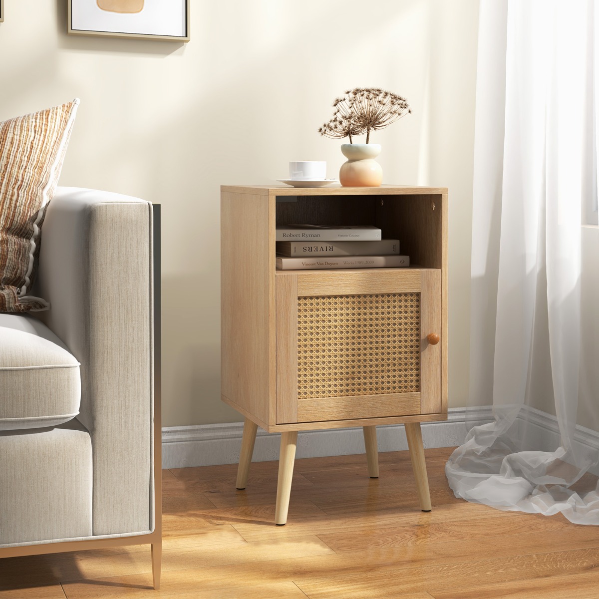 2er Set Rattan Nachttisch mit Stauraum Offenem Regal & Tür Bauernhausstil Natur