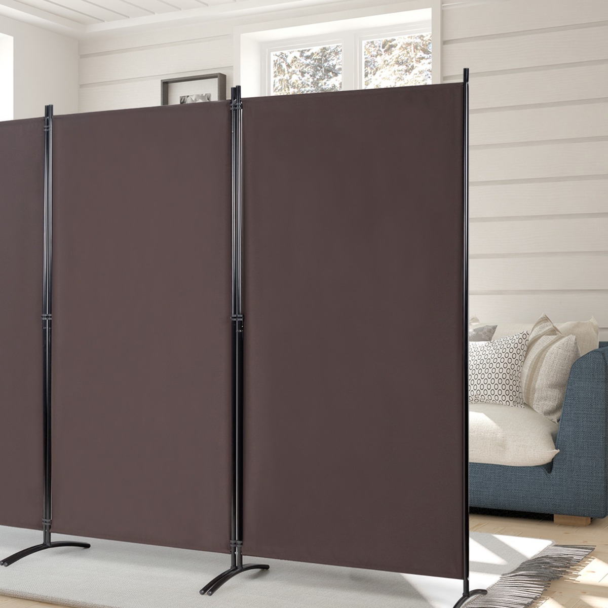 3 Panel Raumteiler mit robusten Scharnieren und Stahlbasis Freistehender Sichtschutz 260x 183 cm Kaffee