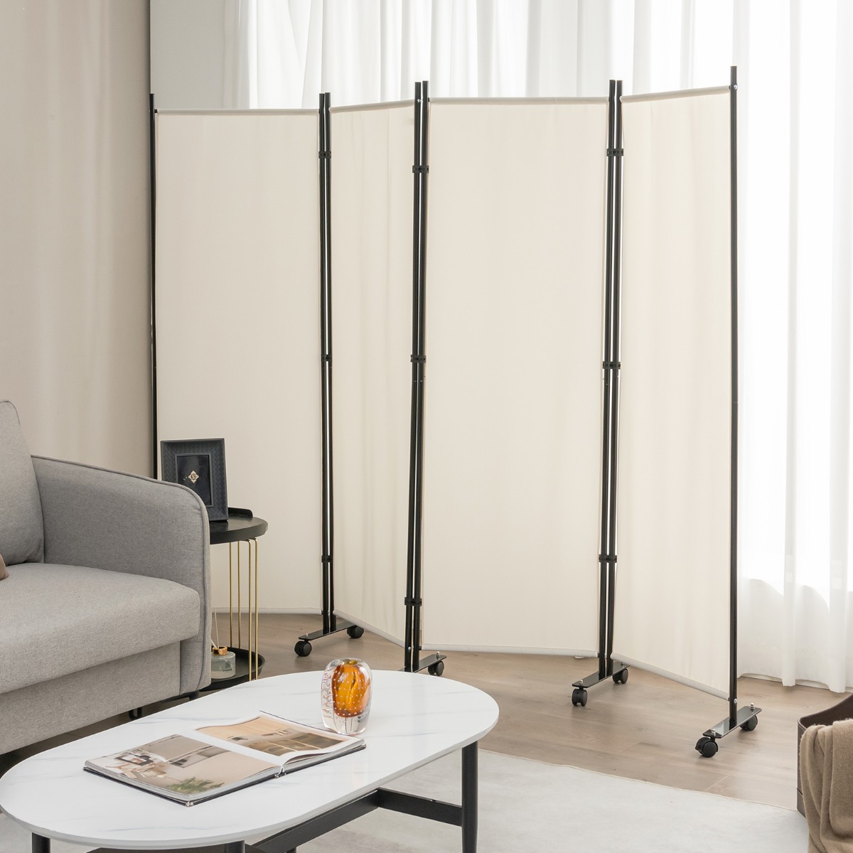 Raumteiler mit 4 Paneelen auf Rädern 173 cm Hoher Rollbarer Sichtschutz Beige