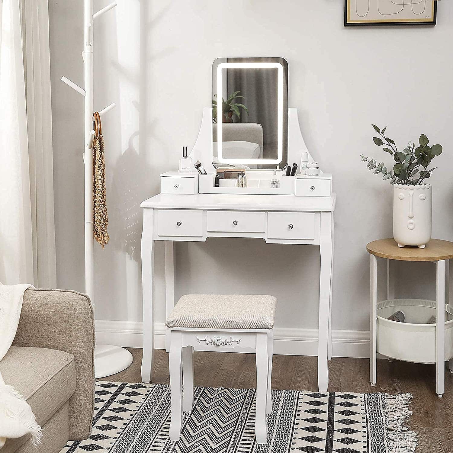 VASAGLE Schminktisch-Set mit LED-Beleuchtung: Weißer Frisiertisch inklusive Hocker und Make-up-Organizer - Elegantes Möbelstück für stilvolles Schminken und Beauty-Routine
