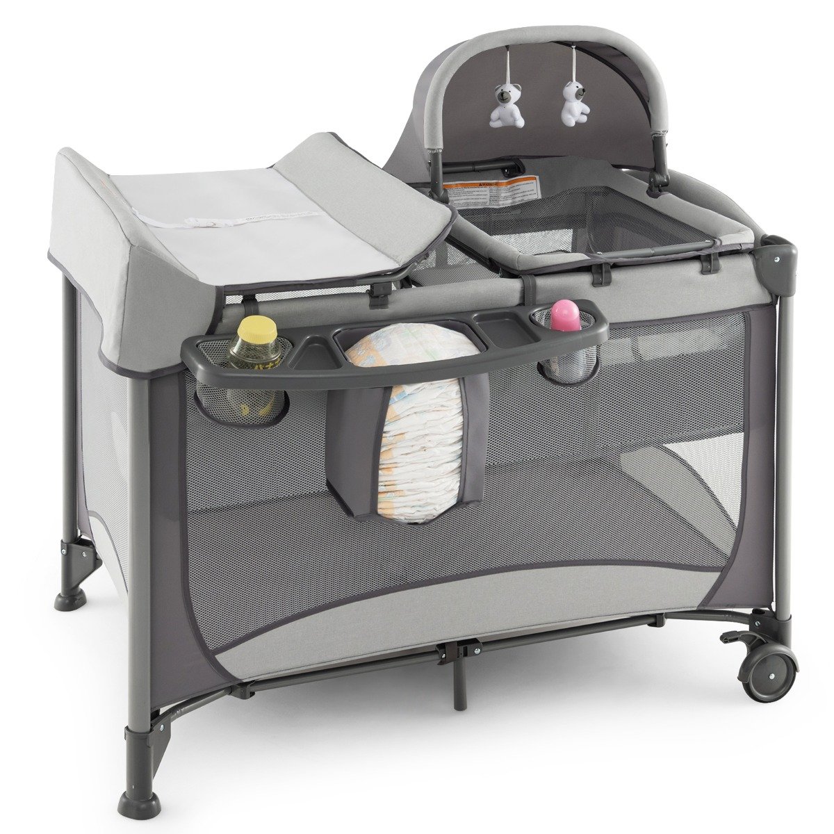 5 in 1 Mobile Babybett Wickeltisch & Wiege mit Spielzeug & Matratze & Tragetasche Grau