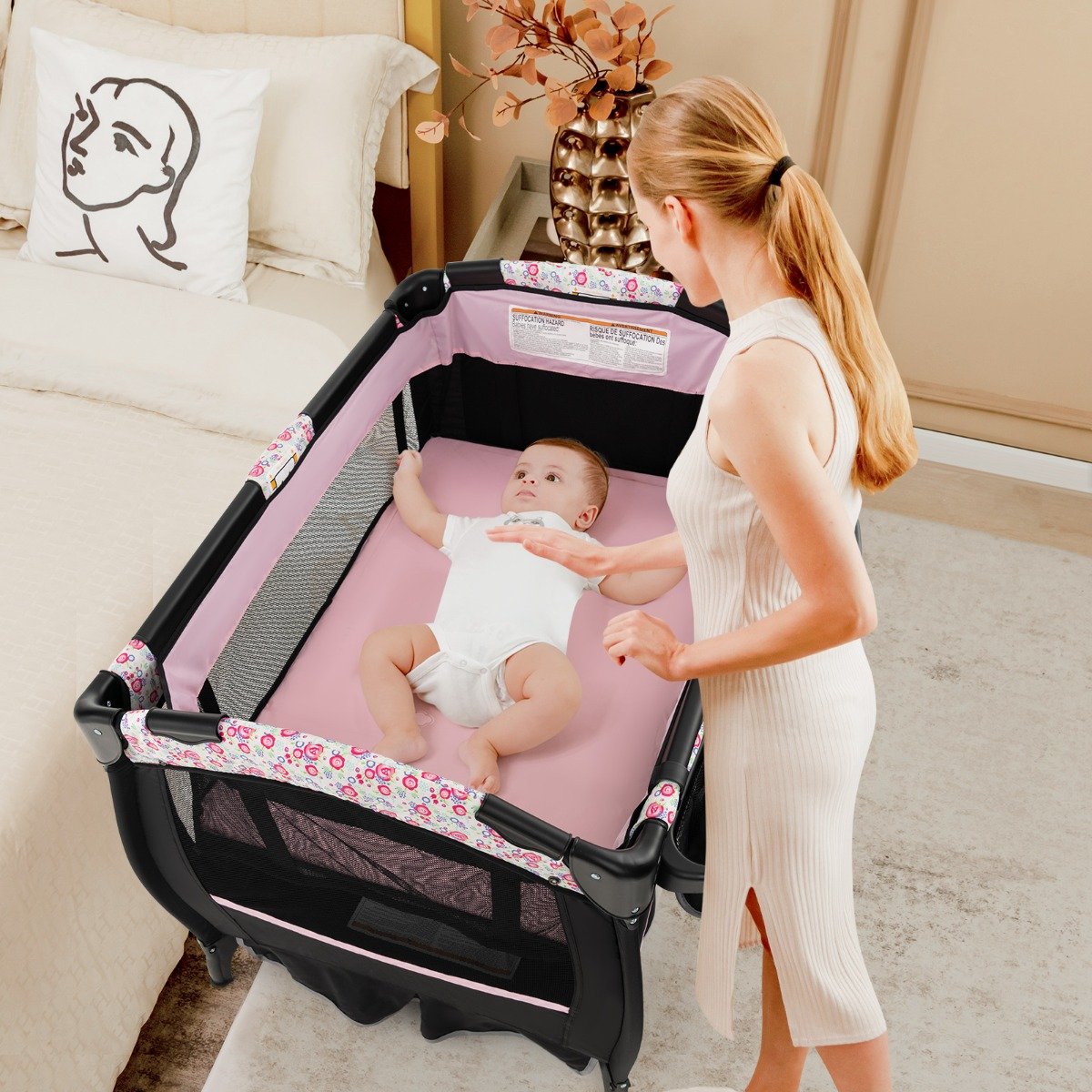 4 in 1 Reisebett mit Matratze Beistellbett klappbar mit verstellbaren Vordach Rosa Blumen