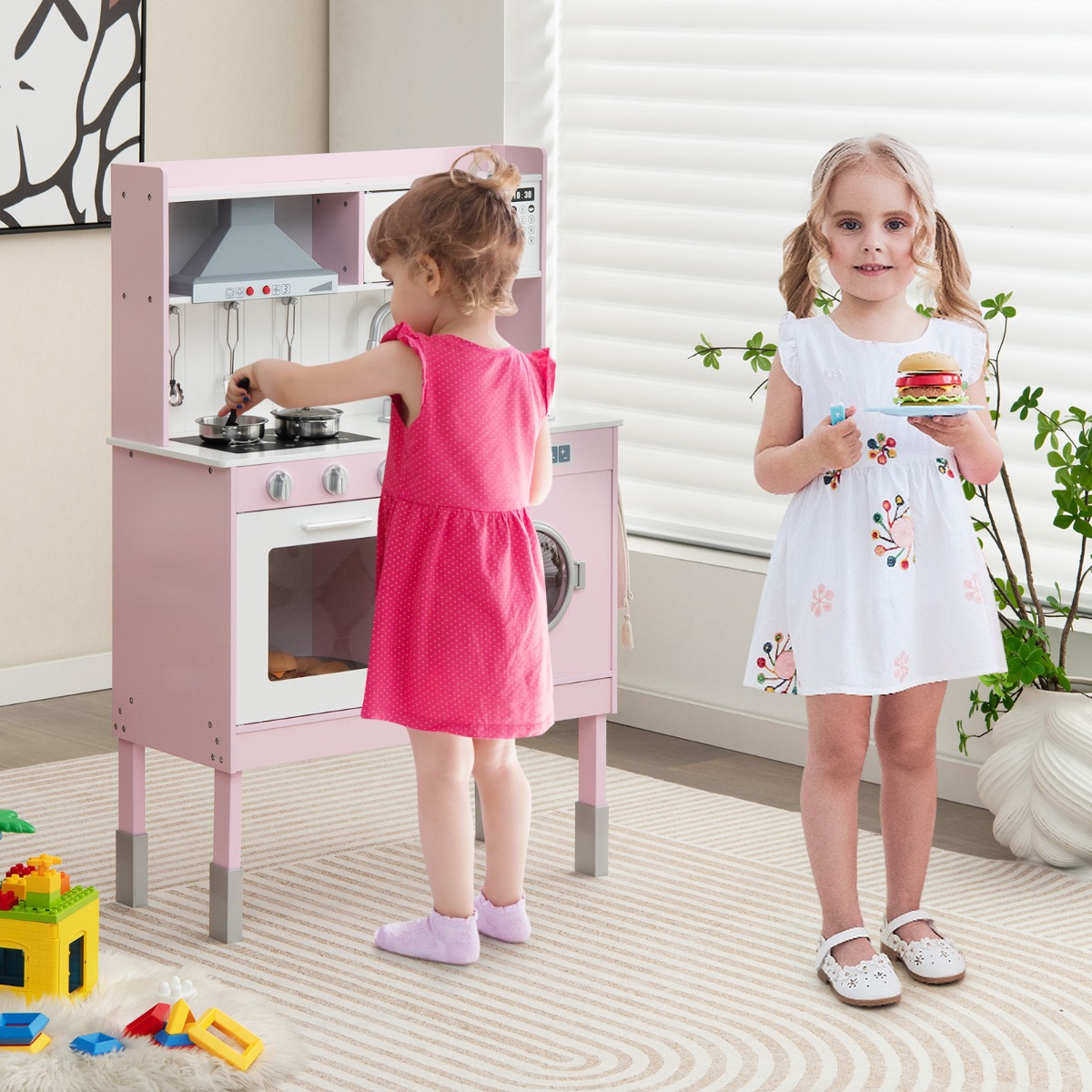 Kinderküche aus Holz mit Spielzubehören & Geräuschen & Lichtern Rosa