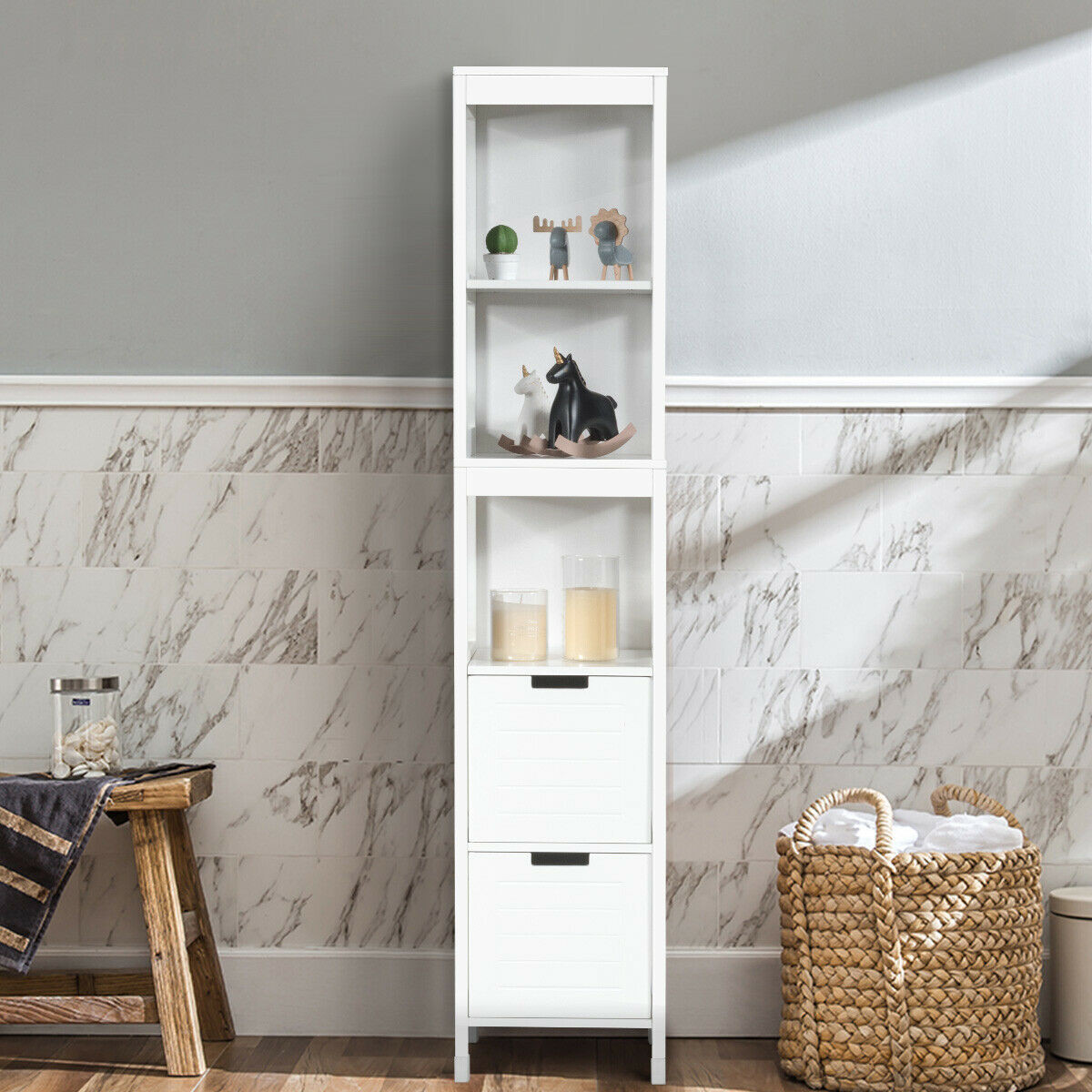 Badezimmer Hochschrank Badhochschrank Badschrank mit 2 Schubladen Holz Weiß 30 x 30 x 144,5 cm