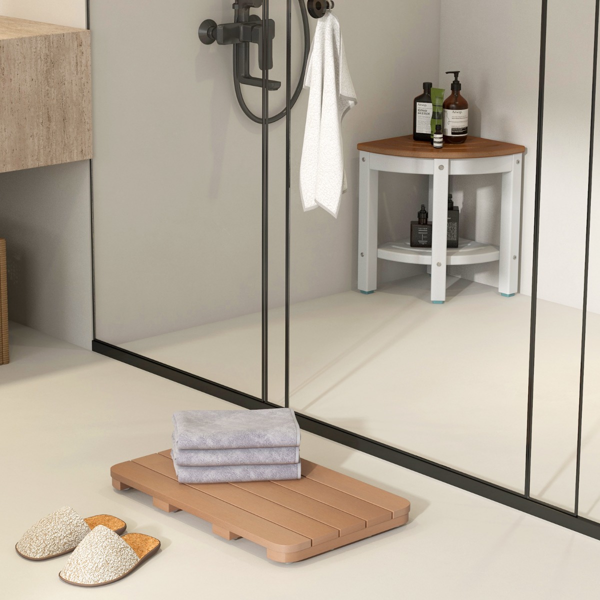 60 x 48 cm Toilettenmatte aus Hips Holz-Design Badematte bis 150kg Belastbar Badvorleger Braun korrosionsbeständig rostfrei langlebig