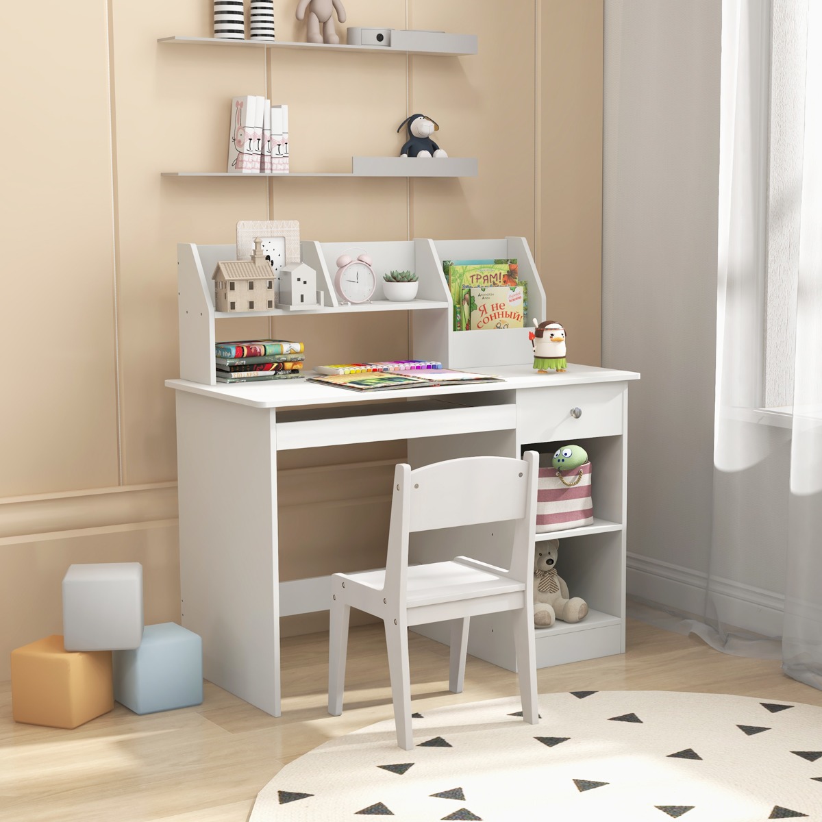 Kinderschreibtisch aus Holz mit Ablage & Bücherregal & Tastaturablage & Schublade Weiß