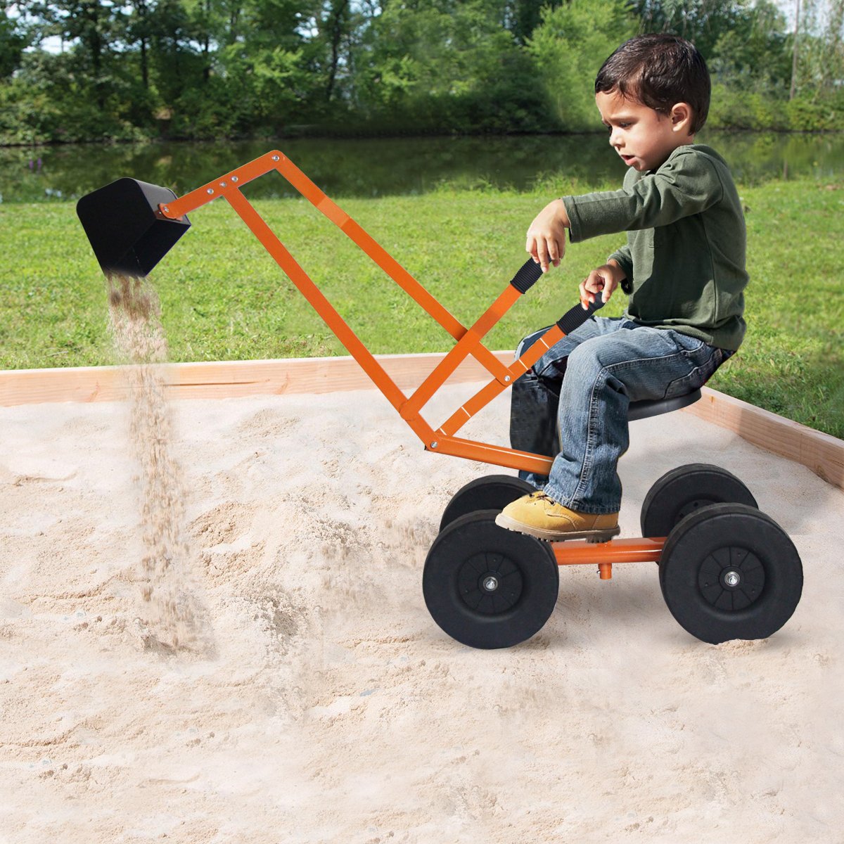 Sitzbagger mit Schaufel Kinderbagger aus Metall Sandbagger zum Aufsitzen für Kinder ab 3 J. Orange