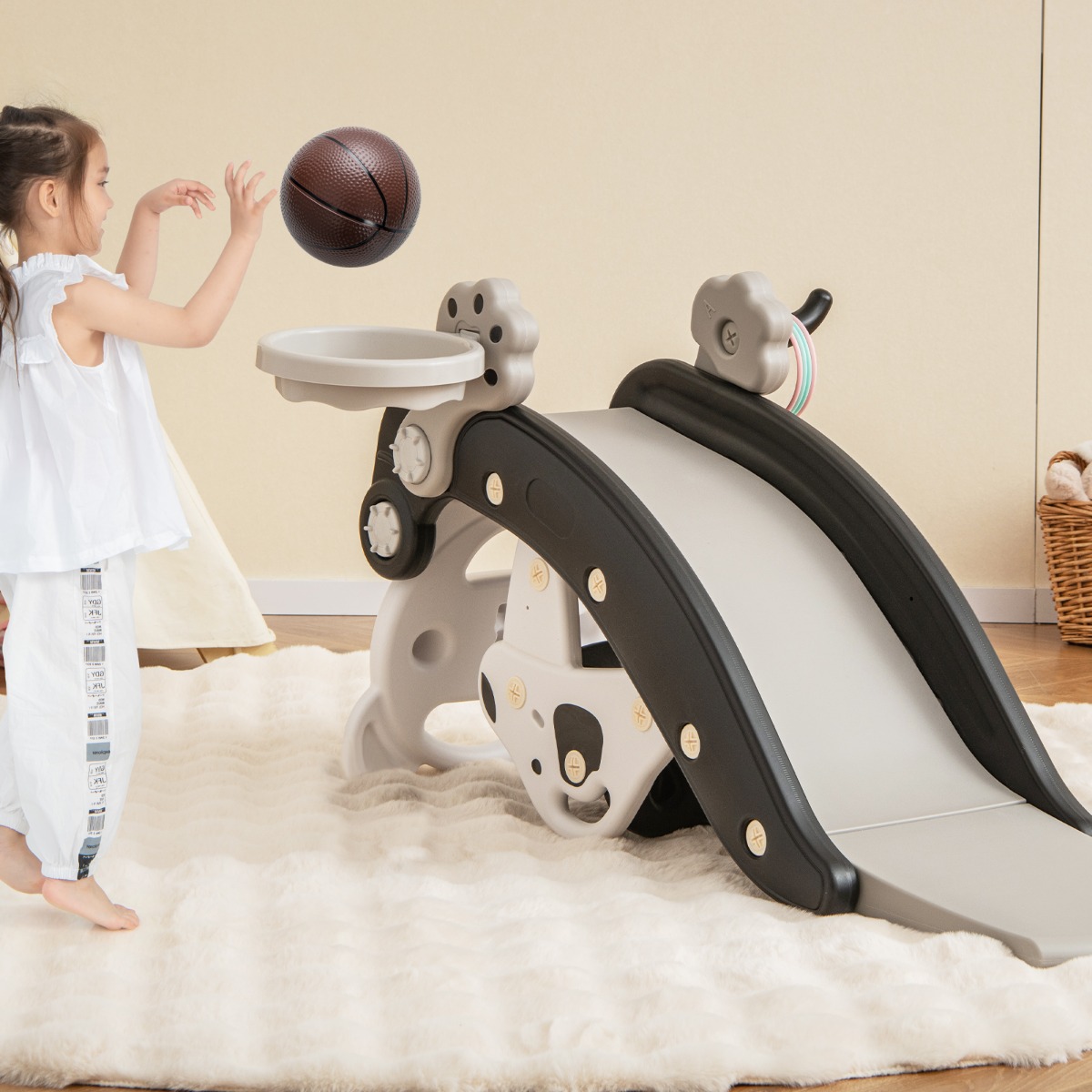 5 in 1 Kinder Rutsche Schaukelpferd Kinderrutsche mit Basketball