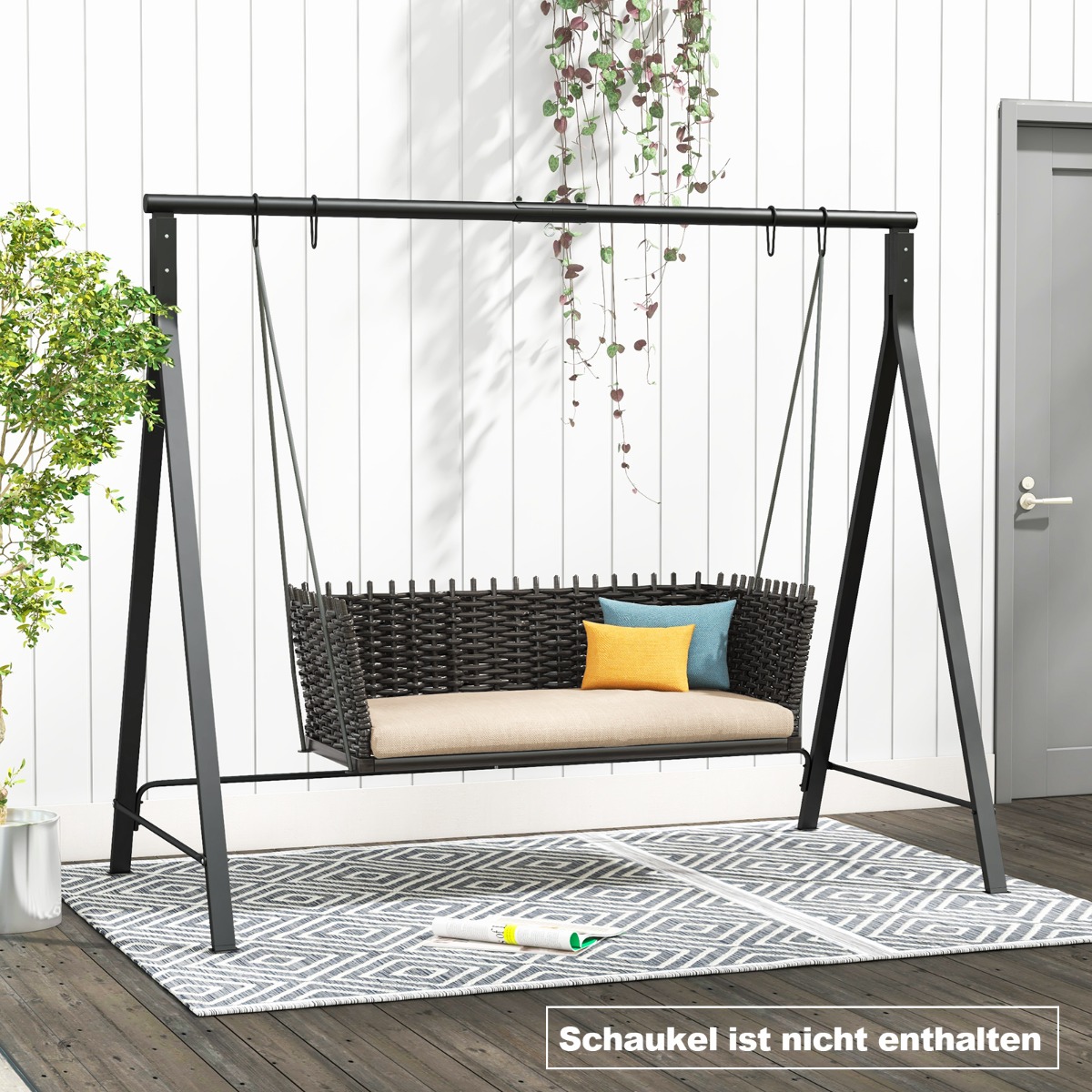 Schaukelgestell aus Metall mit 5 Aufhängeringen Schaukelständer 210 x 115 x 175 cm Schwarz