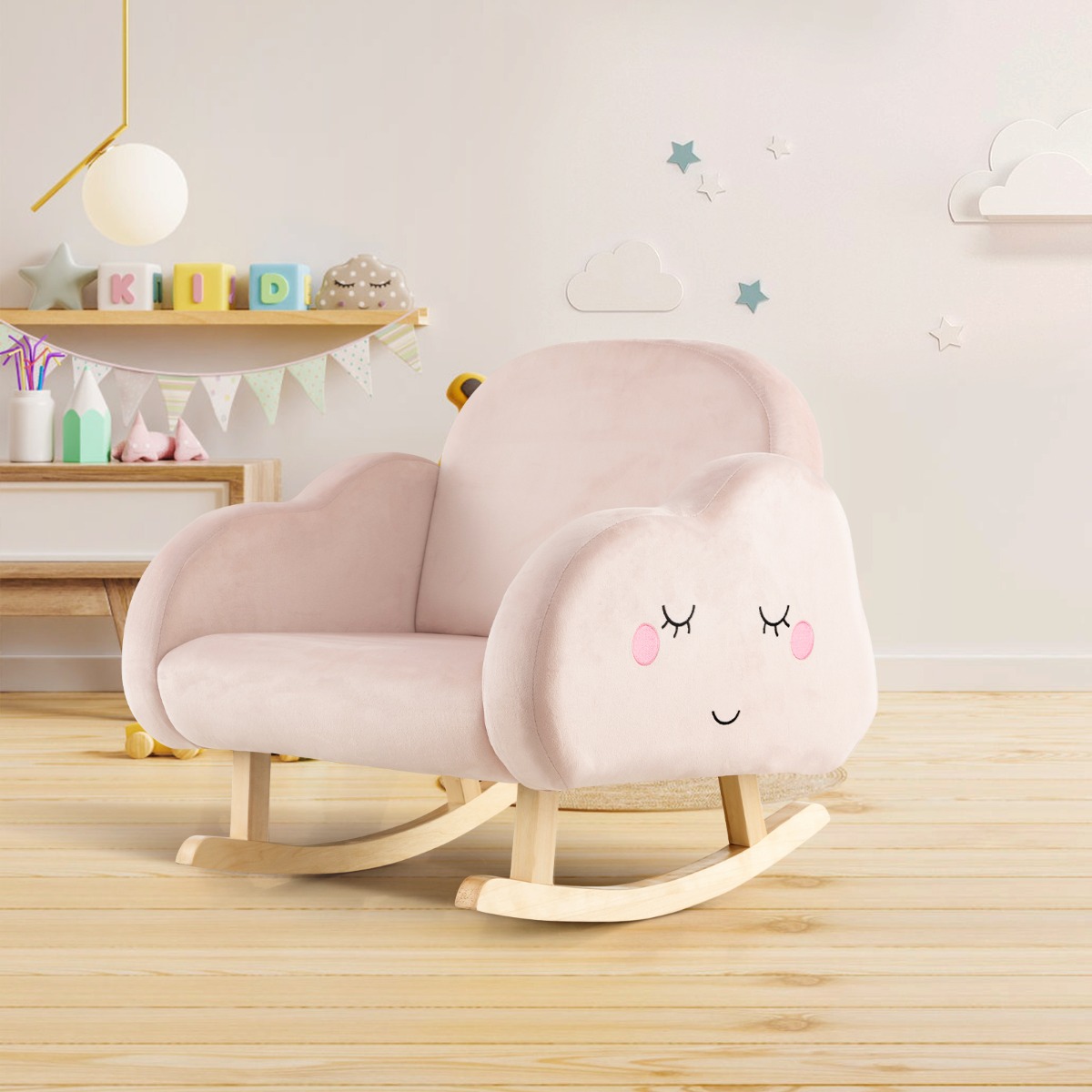 Kindersessel mit Massivholzbeinen Gepolsterter Kindersofa Schaukelstuhl Rosa Wolken