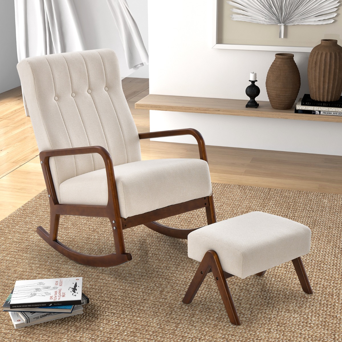 Gepolsterter Schaukelstuhl mit Hocker & Kissen Schaukelsessel mit Holzrahmen Beige