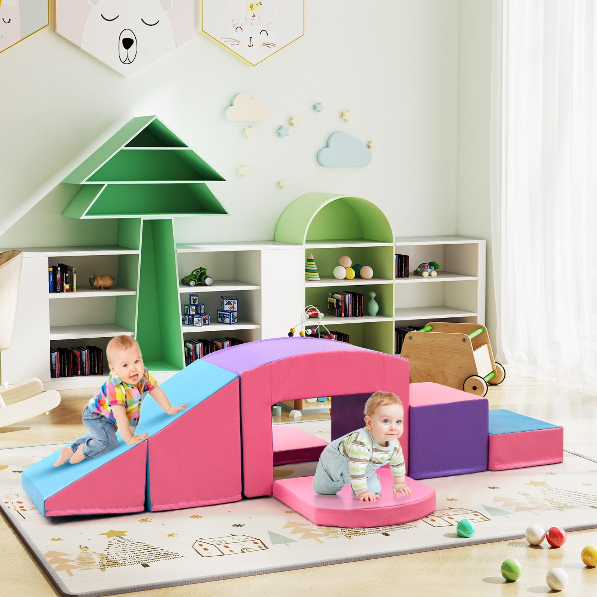 6 TLG. Schaumstoffbausteine Softbausteine mit Tunne Treppe & Rampe Lila+Rosa