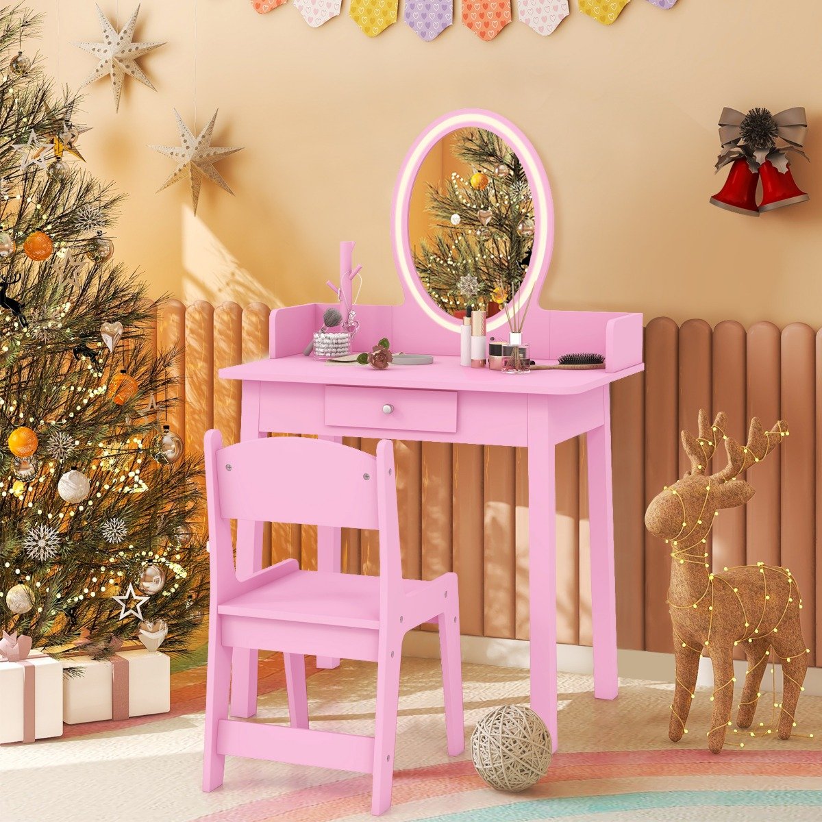 2 in 1 Kinder Schminktisch mit Hocker Frisiertisch mit Beleuchtung Rosa