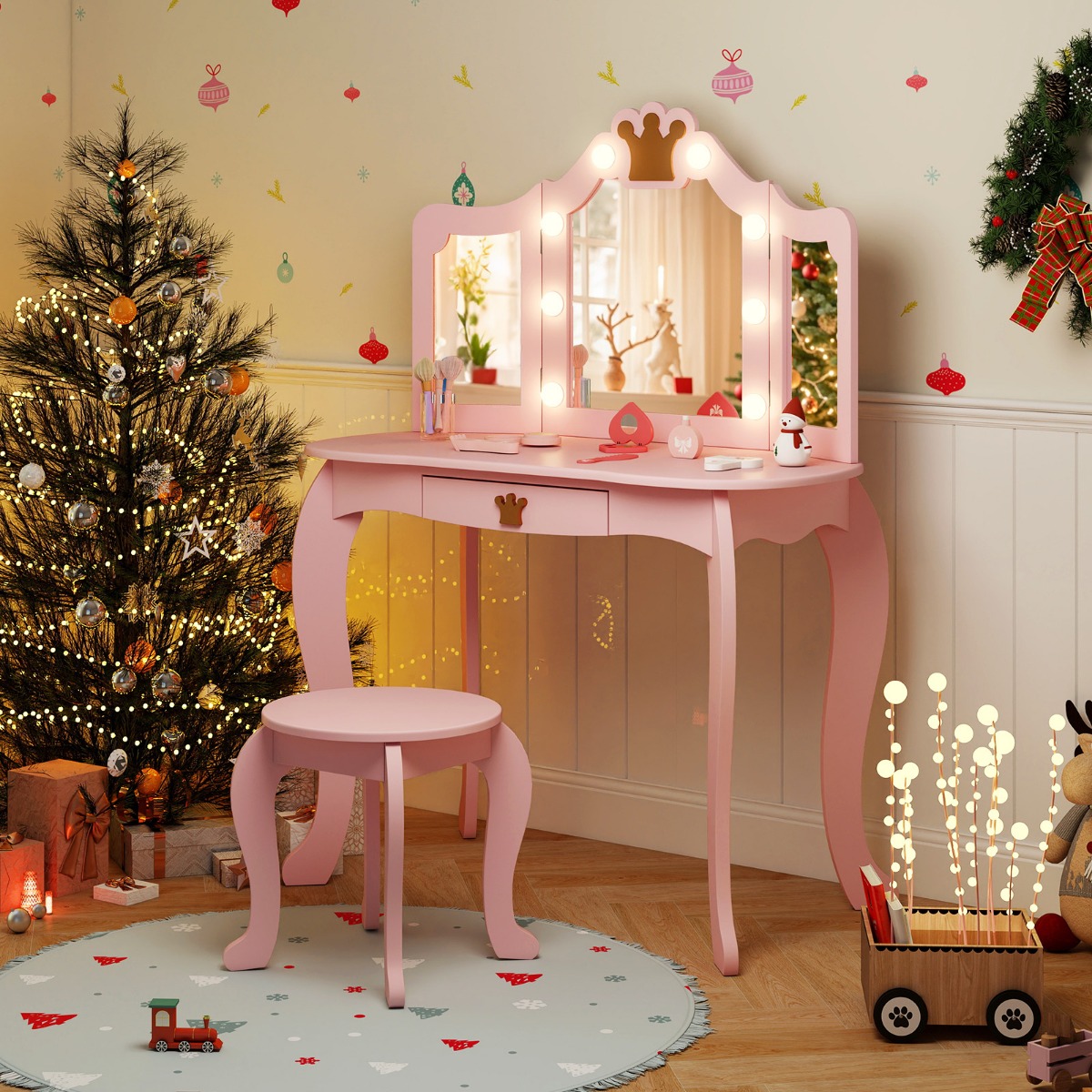 Kinder Schminktisch mit Beleuchtung Frisiertisch Mädchen mit dreifach klappbarem Spiegel Rosa
