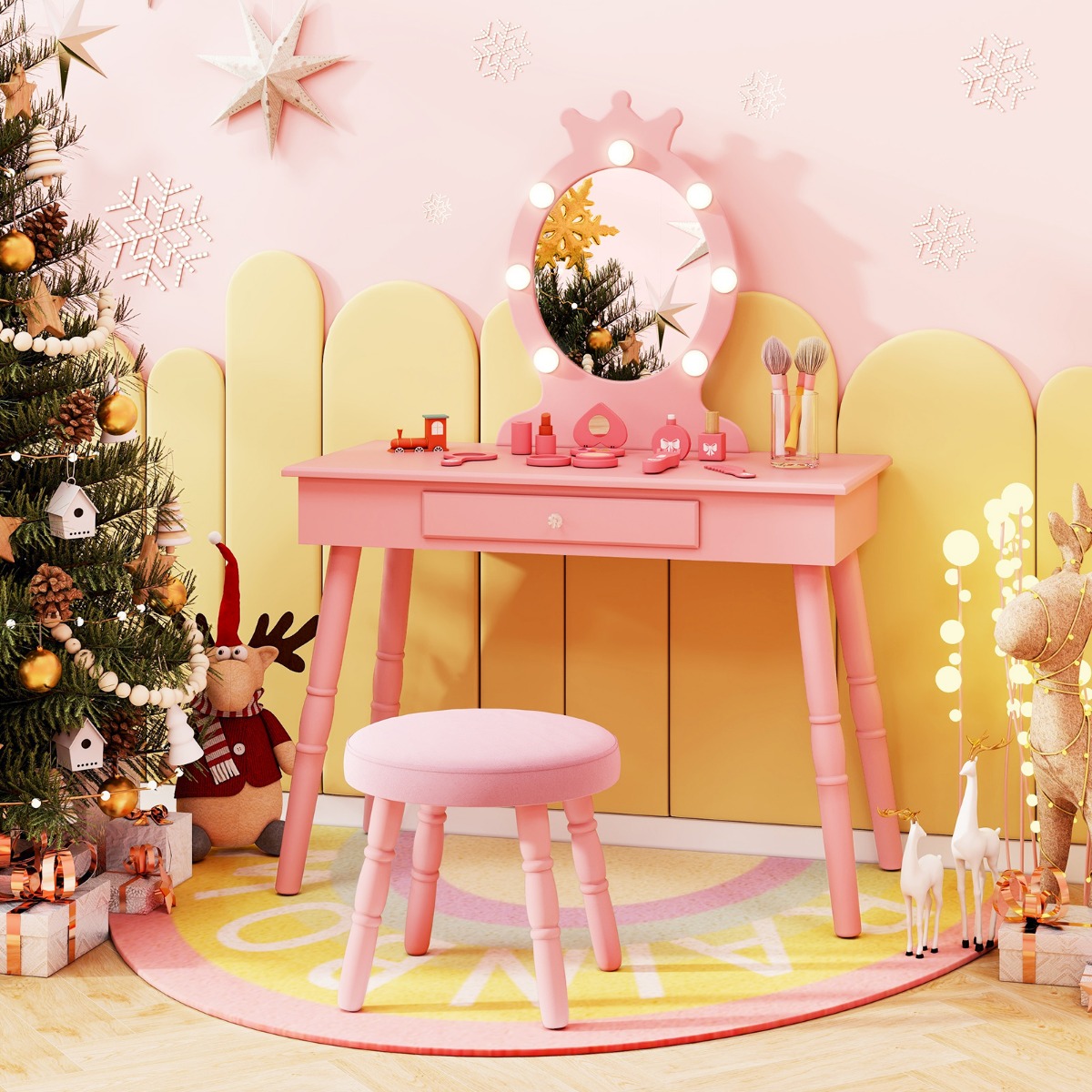 Schminktisch Kinder mit Beleuchtung 2 in 1 Frisiertisch Prinzessin mit abnehmbarem Spiegel Rosa