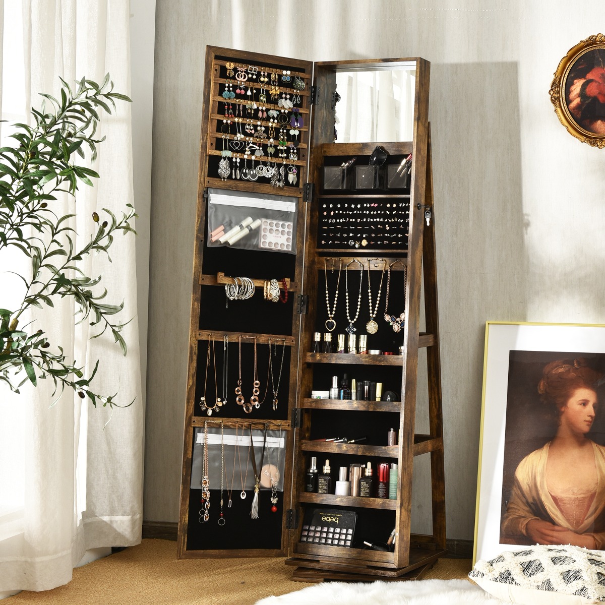 2 in 1 Schmuckschrank & Leiterregal mit Ganzkörperspiegel 39 x 39 x 161 cm Braun