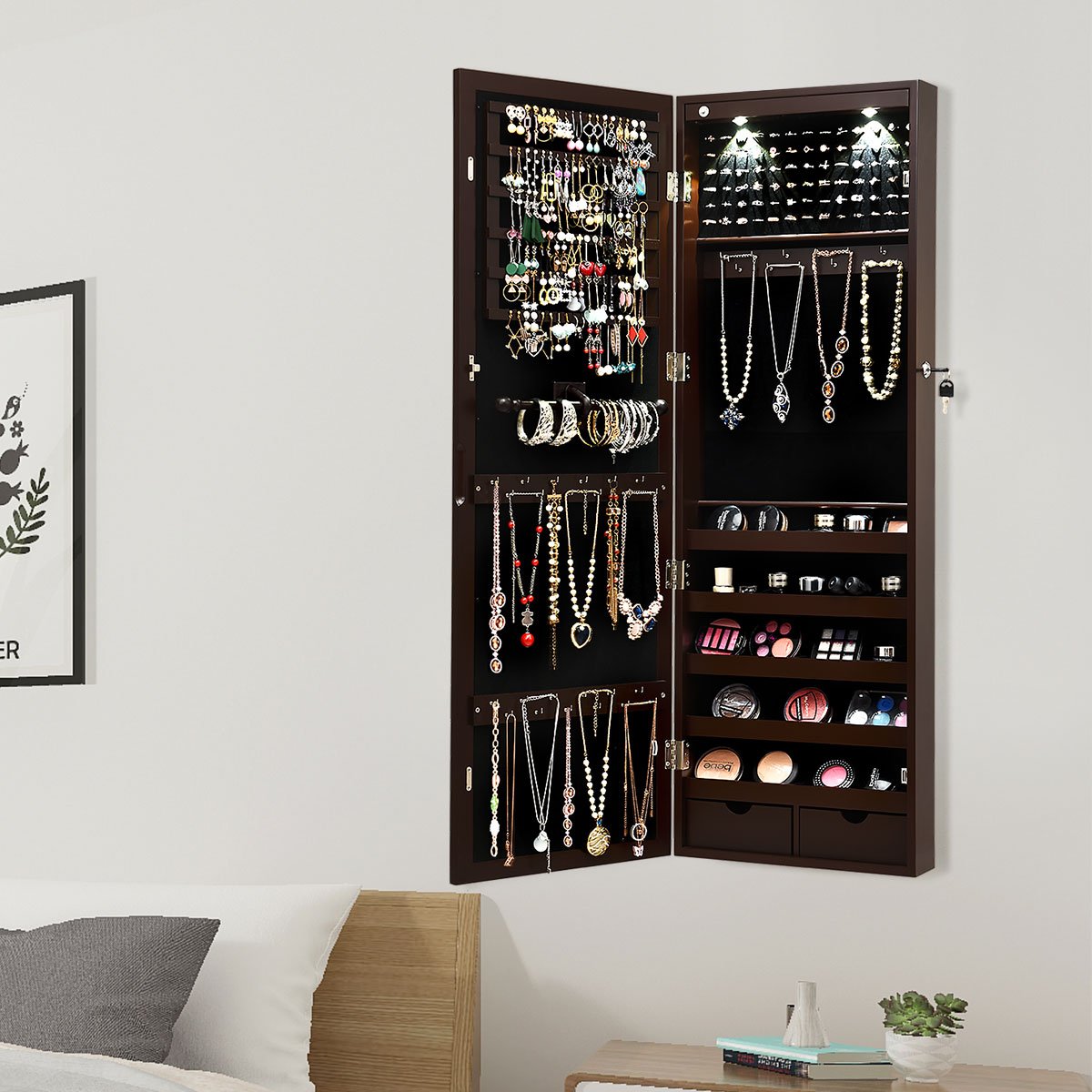 Abschließbarer LED-Schmuckschrank mit Ganzkörper-Spiegel 37 x 9.5 x 108 cm Braun