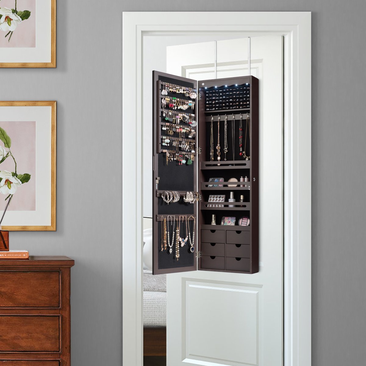 Schmuckschrank Wand-/Türschmuckschrank mit großem Spiegel 36,5 x 11,5 x 120 cm Braun